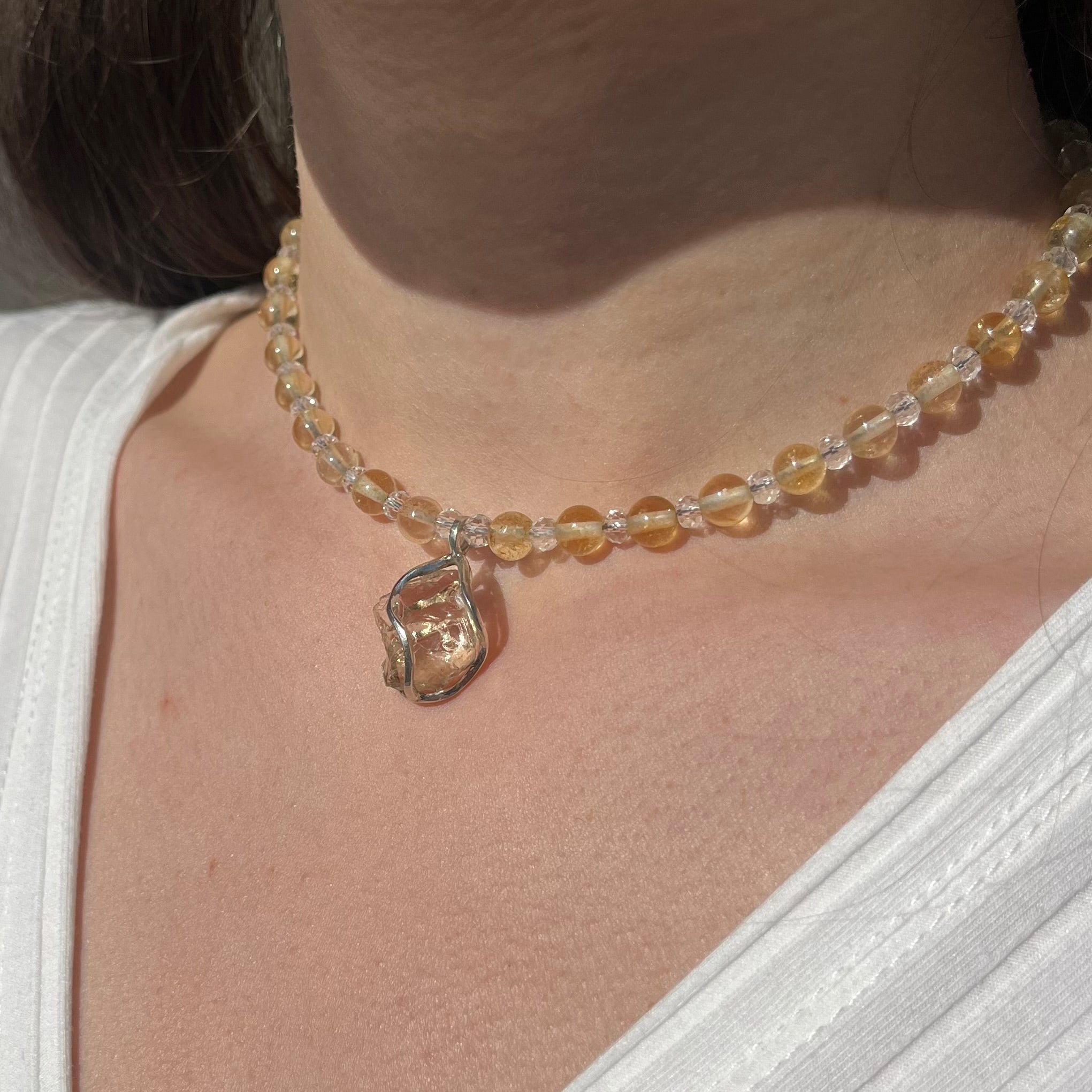 Collier mit Citrin Anhänger, Bergkristall, Citrin