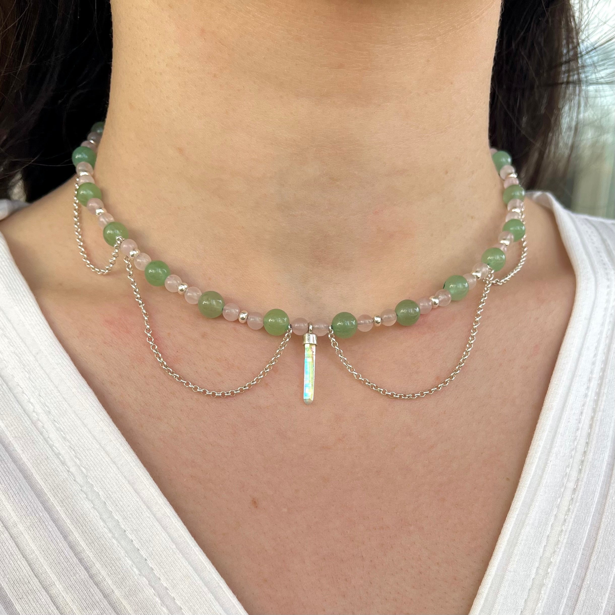 Collier mit Angel Aura Quarz Anhänger, Aventurin und rosenquarz