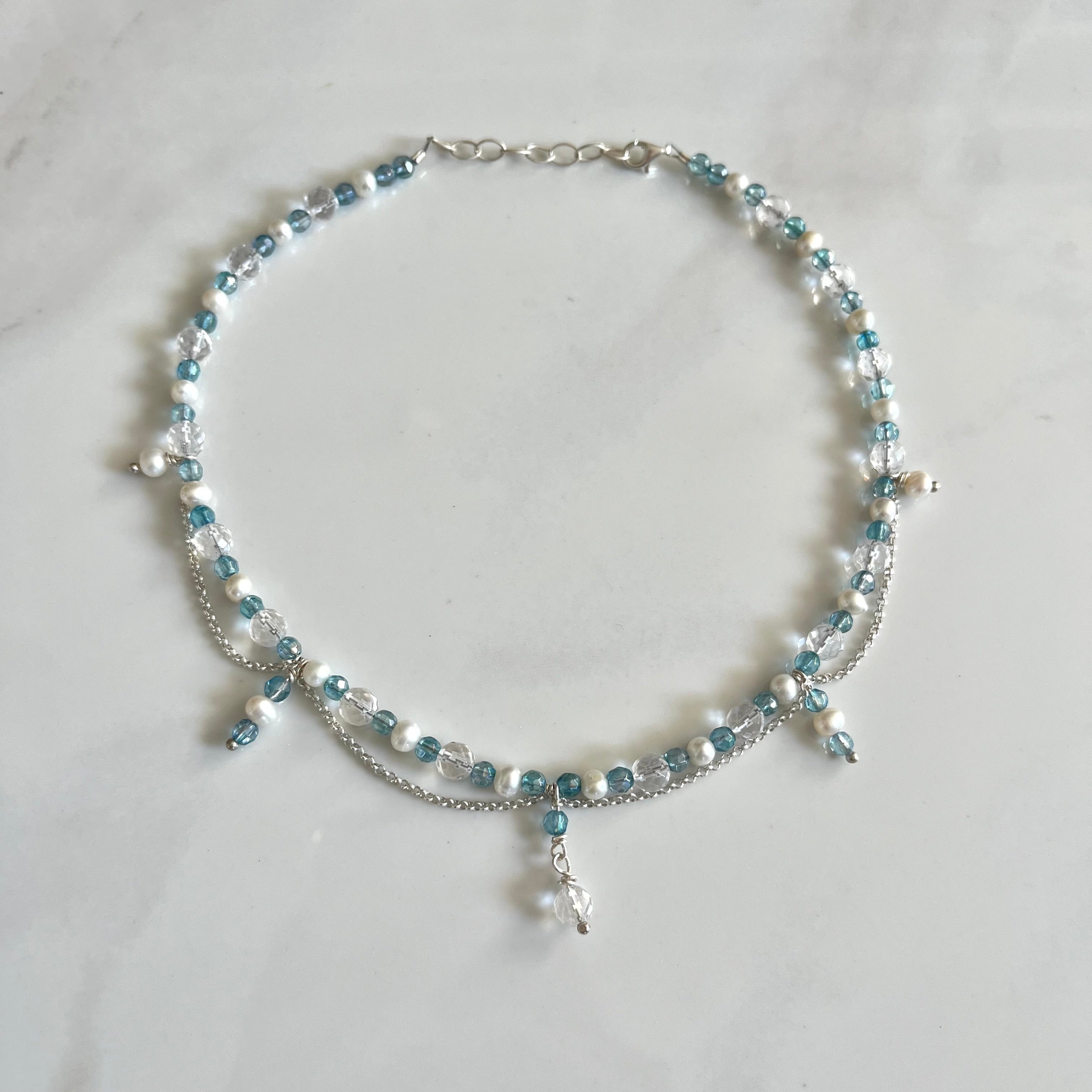 Collier mit Aqua Aura Quarz, Bergkristall, Süßwasser Perlen