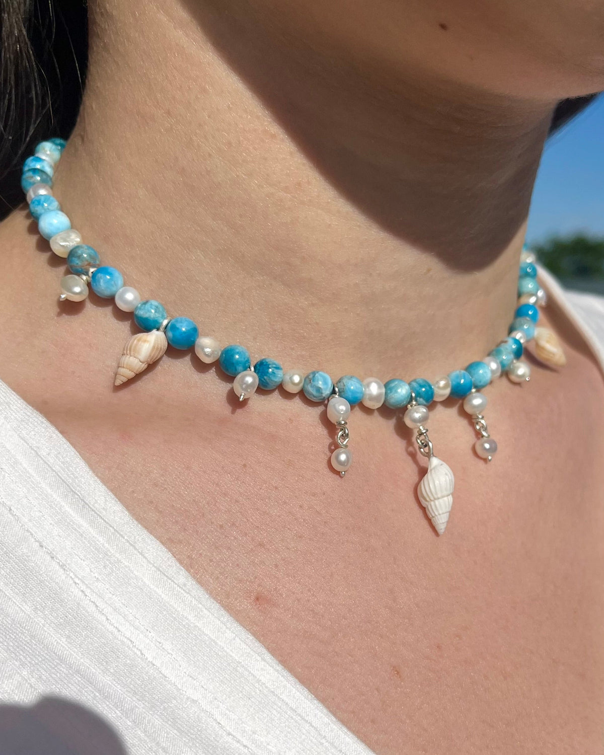 Collier mit Muschel, Apatit, süßwasser perlen