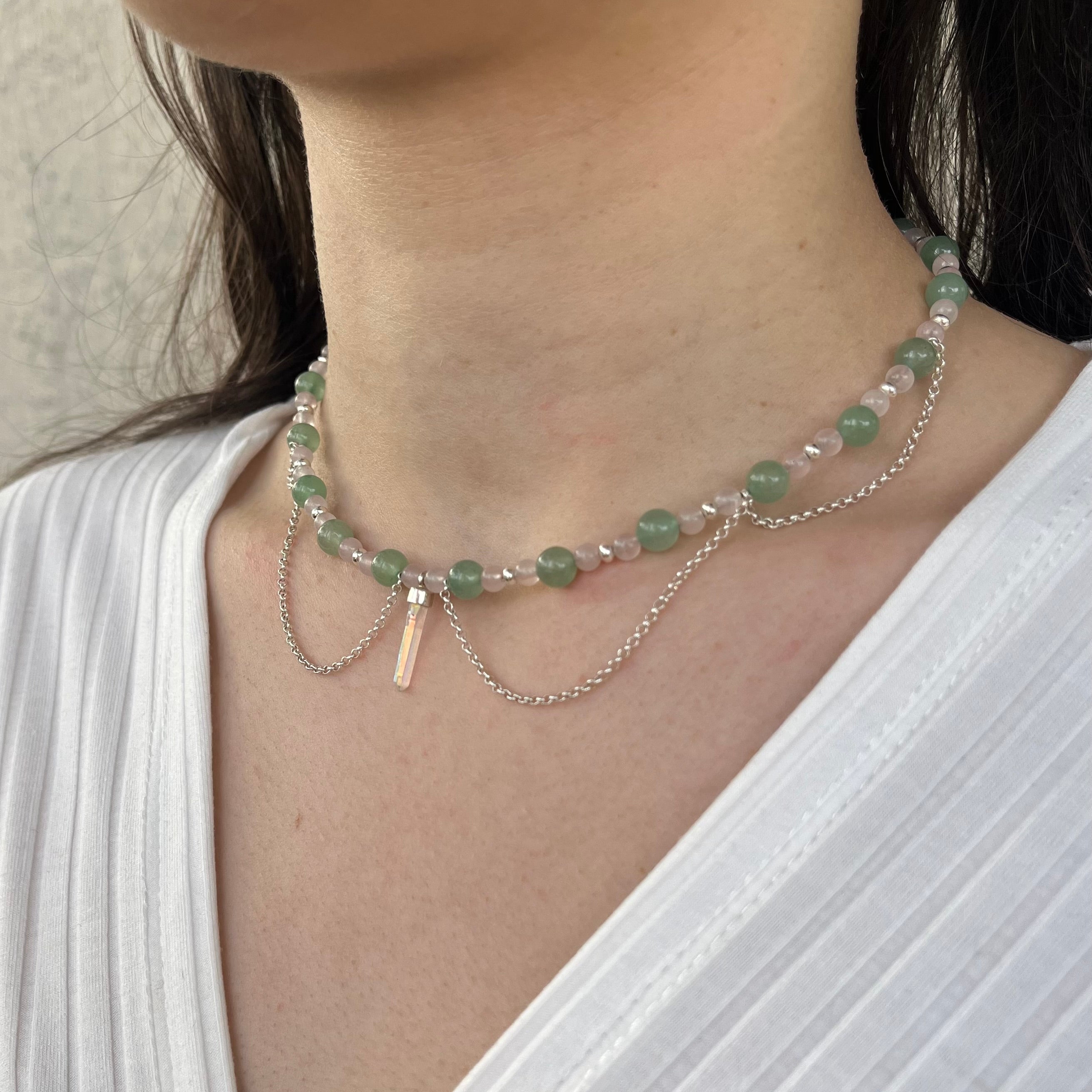 Collier mit Angel Aura Quarz Anhänger, Aventurin und rosenquarz