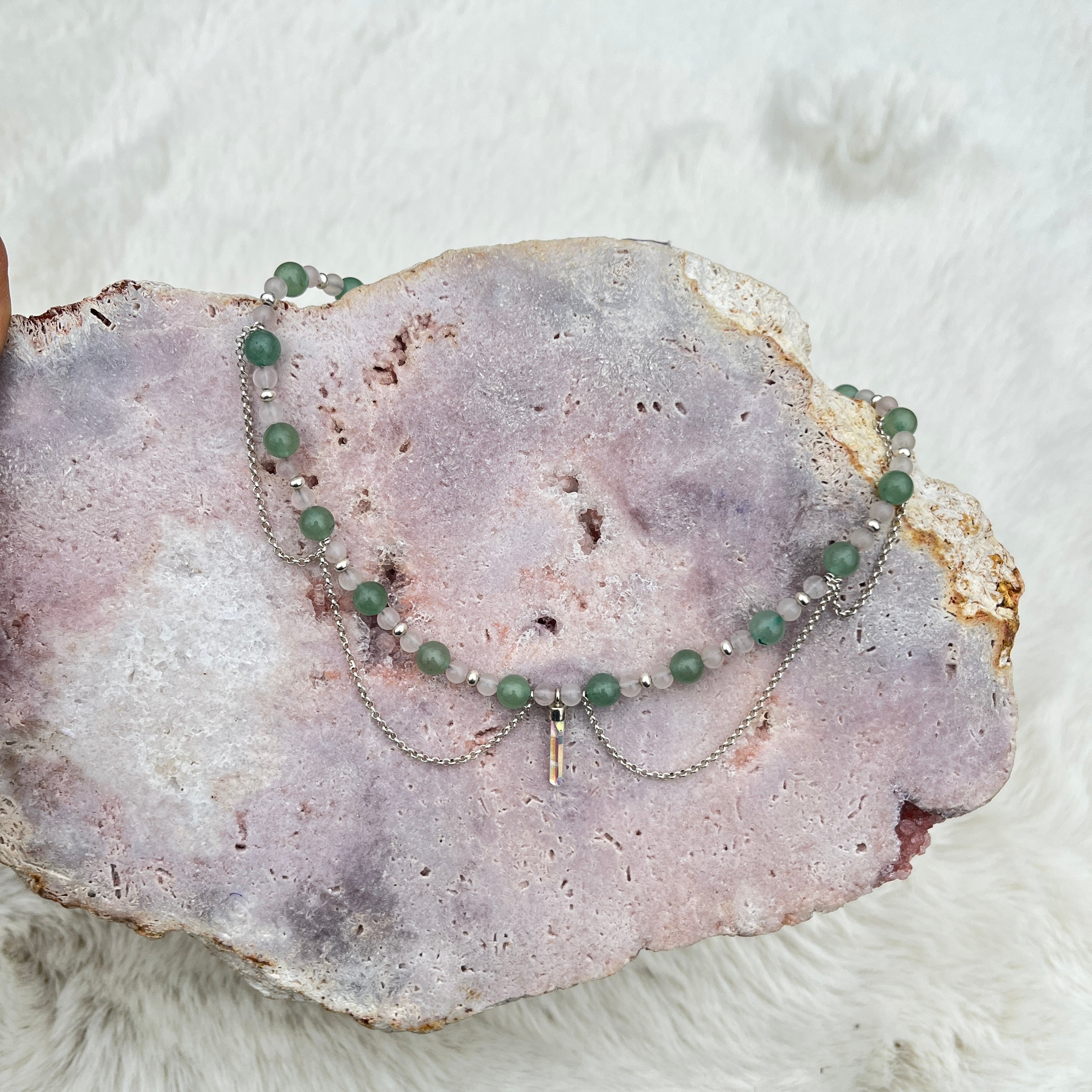 Collier mit Angel Aura Quarz Anhänger, Aventurin und rosenquarz