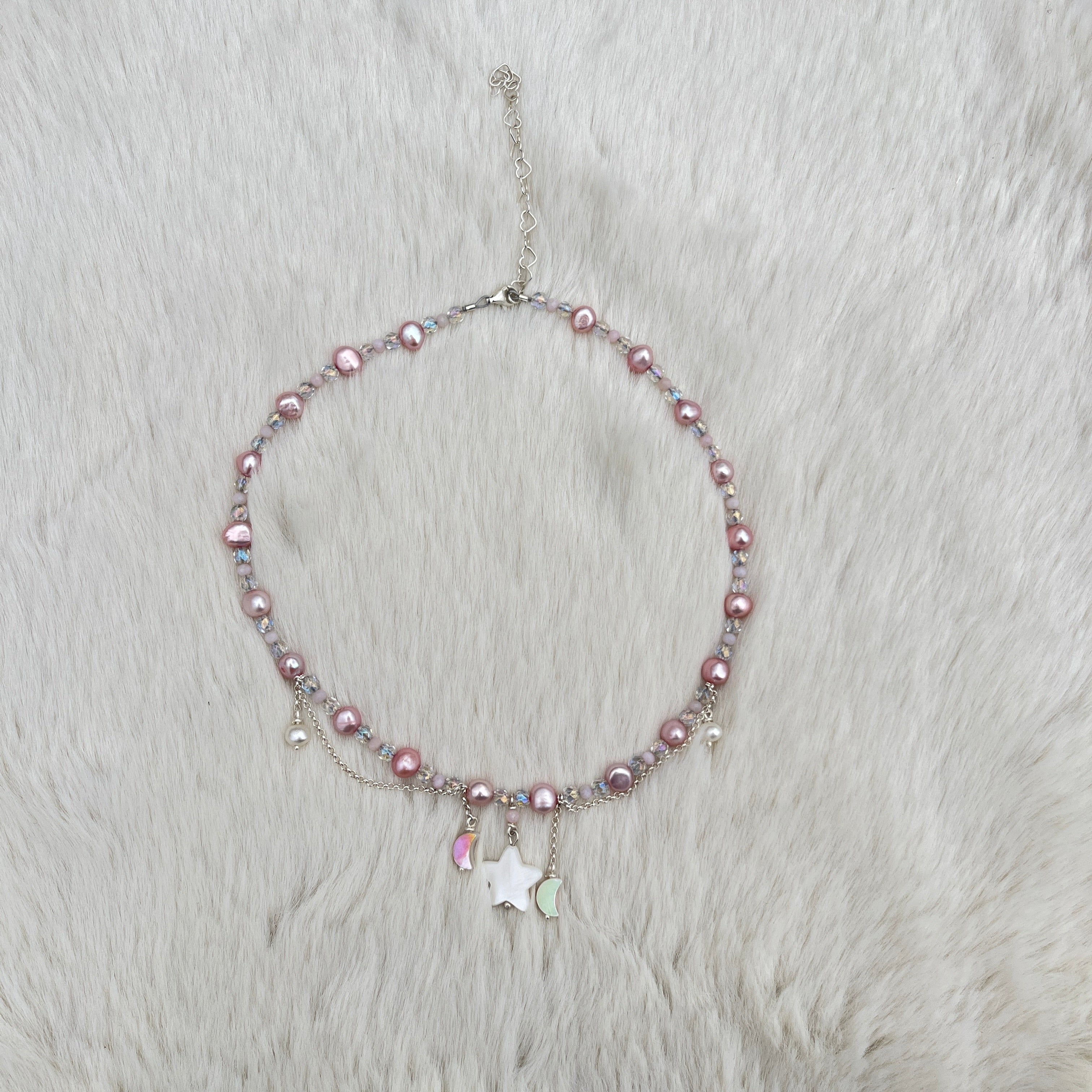 Collier mit Perlmuttstern, Angel Aura Quarz, rosa opal, süßwasser perlen