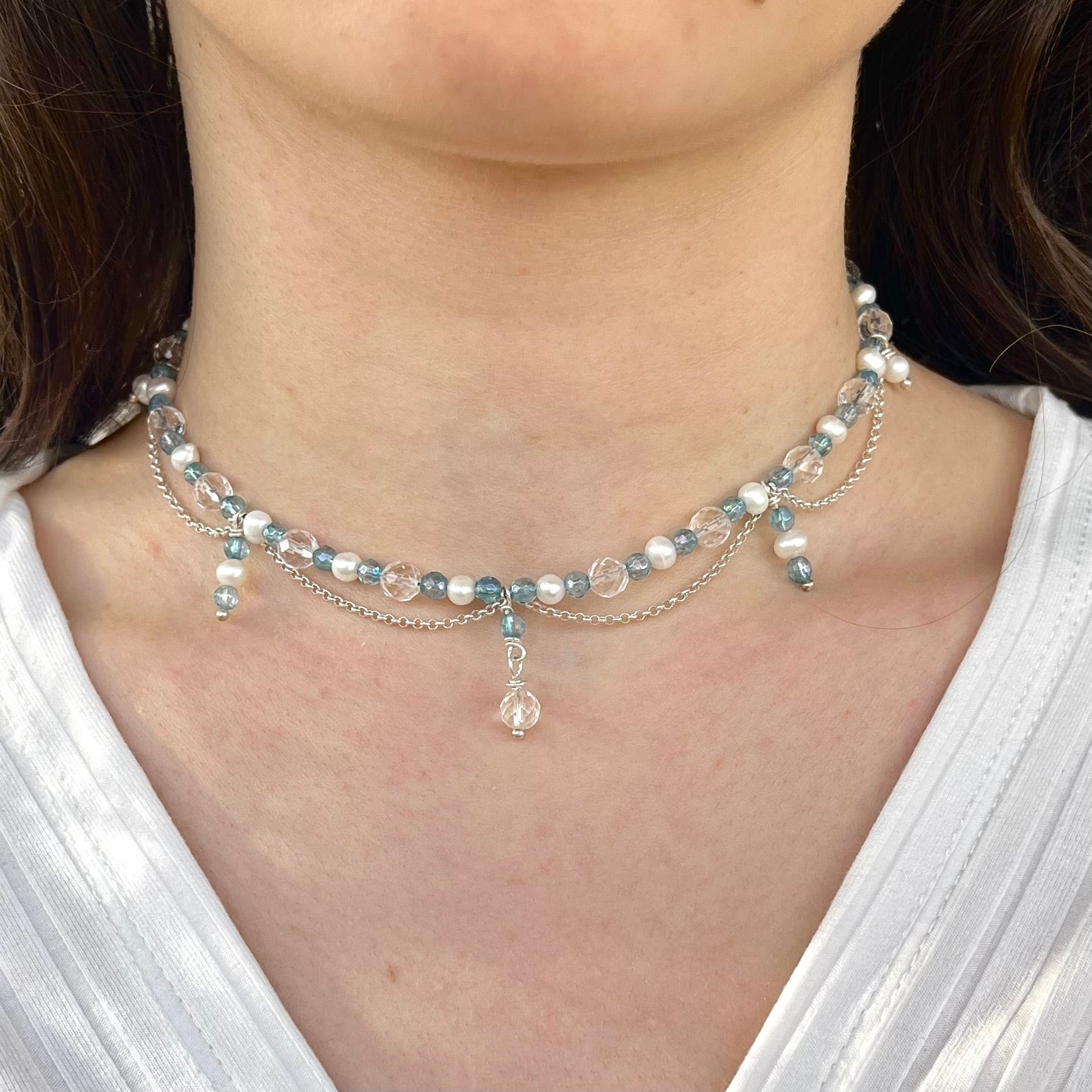 Collier mit Aqua Aura Quarz, Bergkristall, Süßwasser Perlen