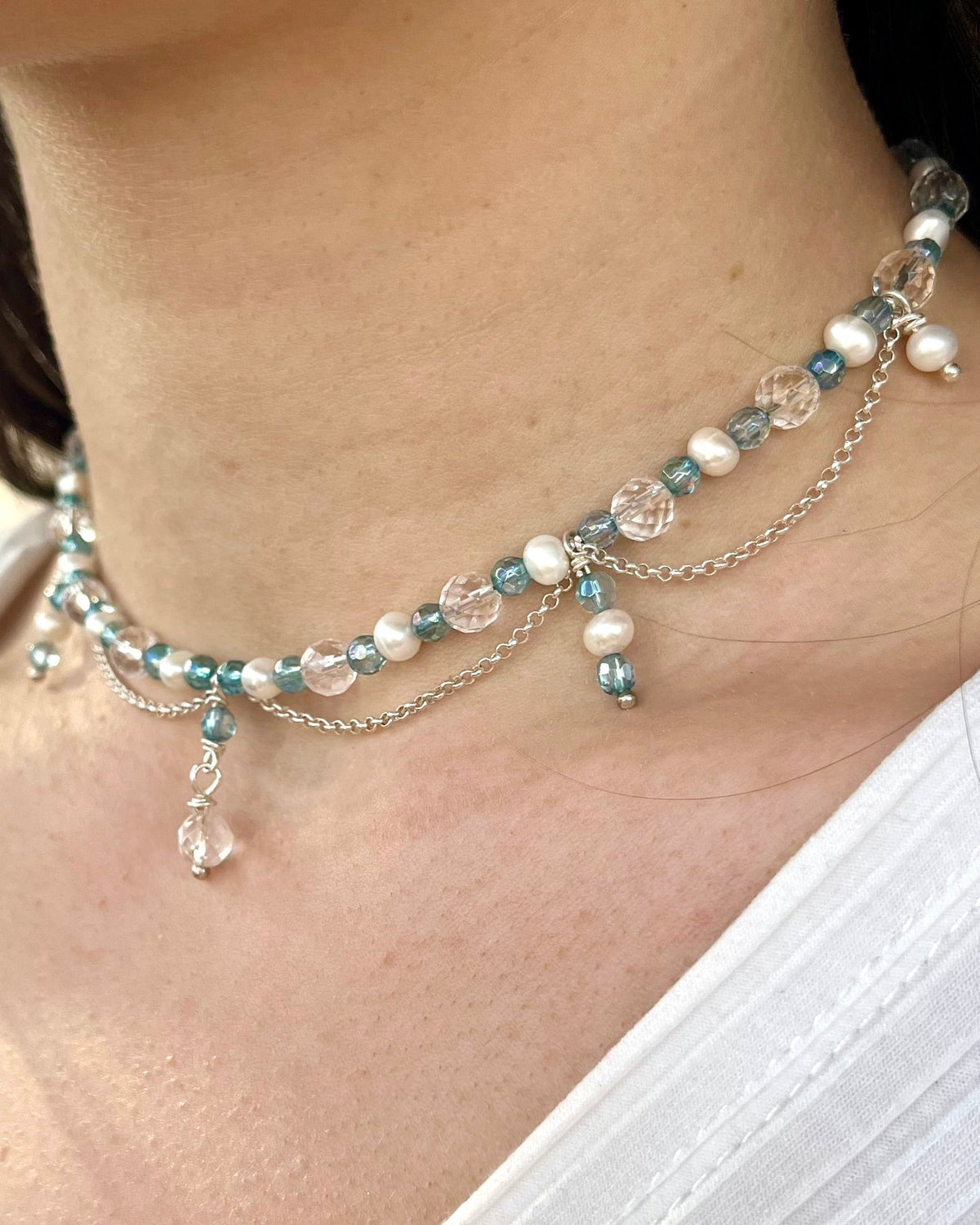 Collier mit Aqua Aura Quarz, Bergkristall, Süßwasser Perlen