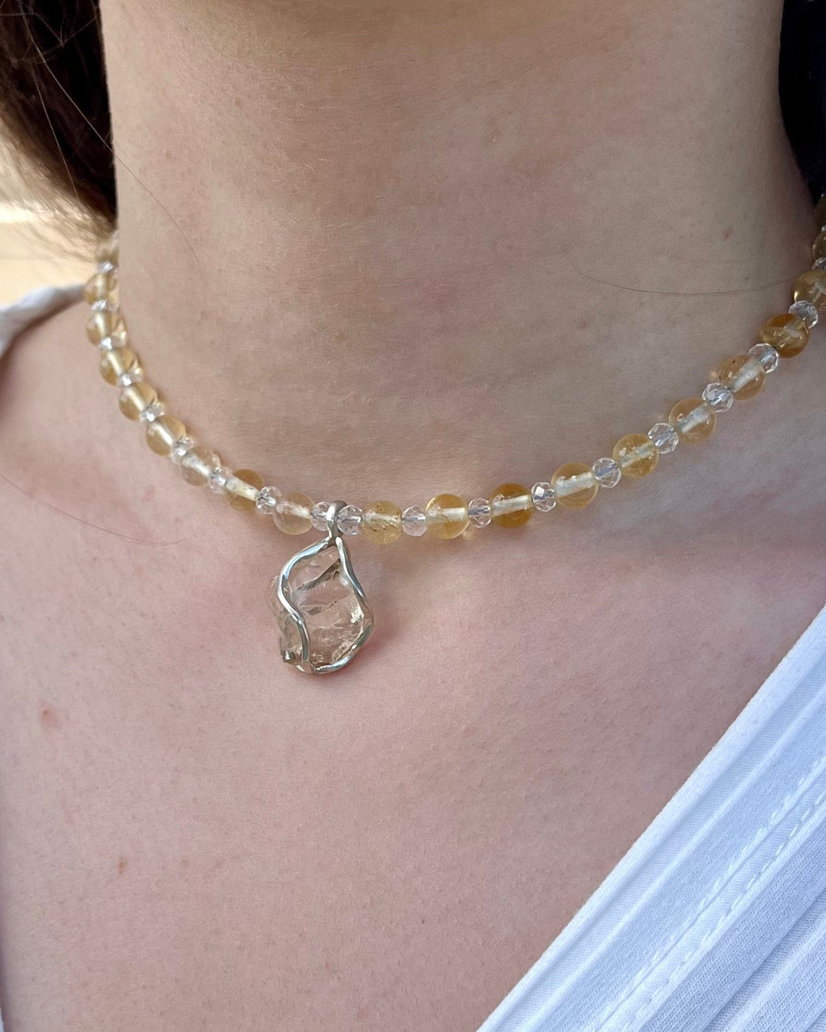 Collier mit Citrin Anhänger, Bergkristall, Citrin