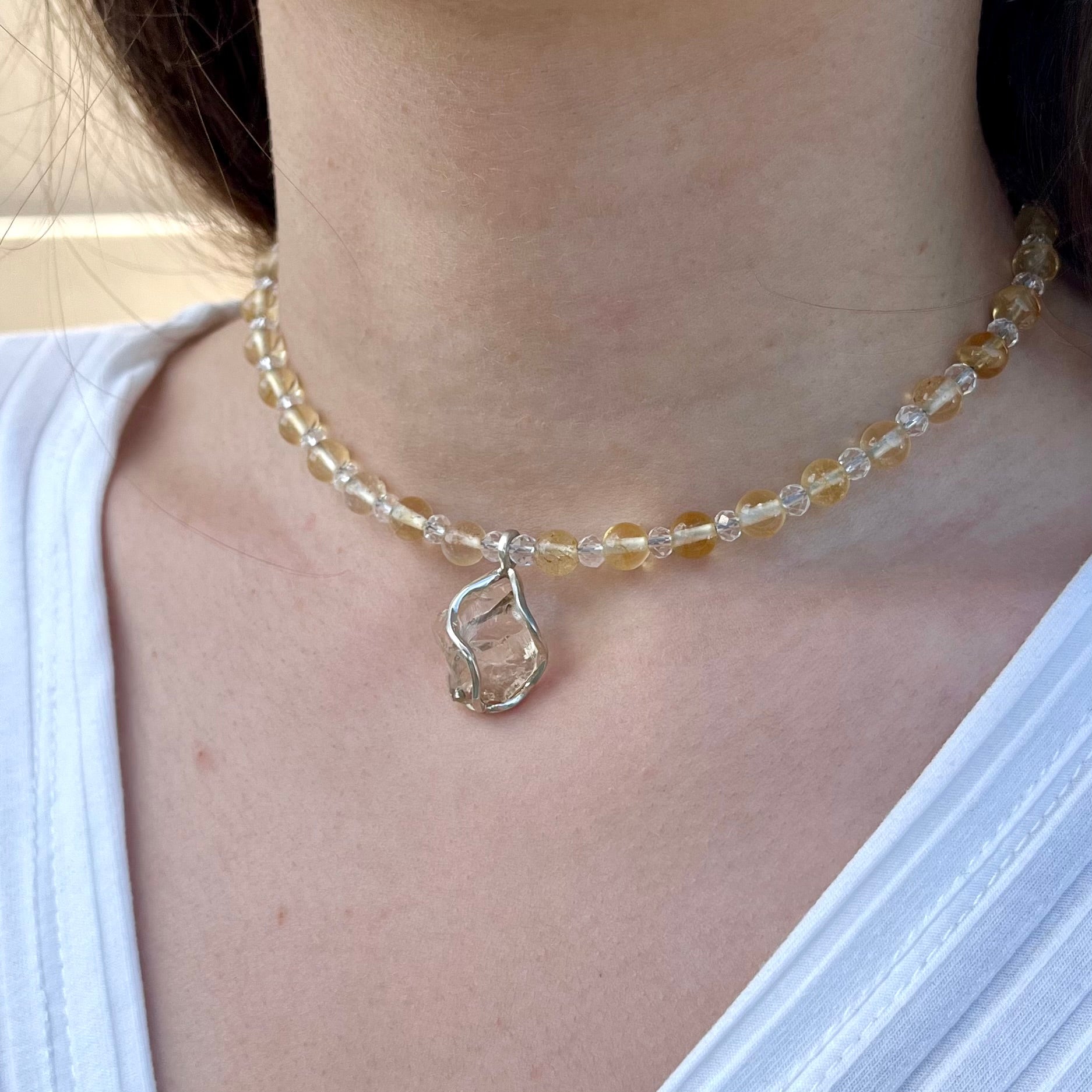 Collier mit Citrin Anhänger, Bergkristall, Citrin