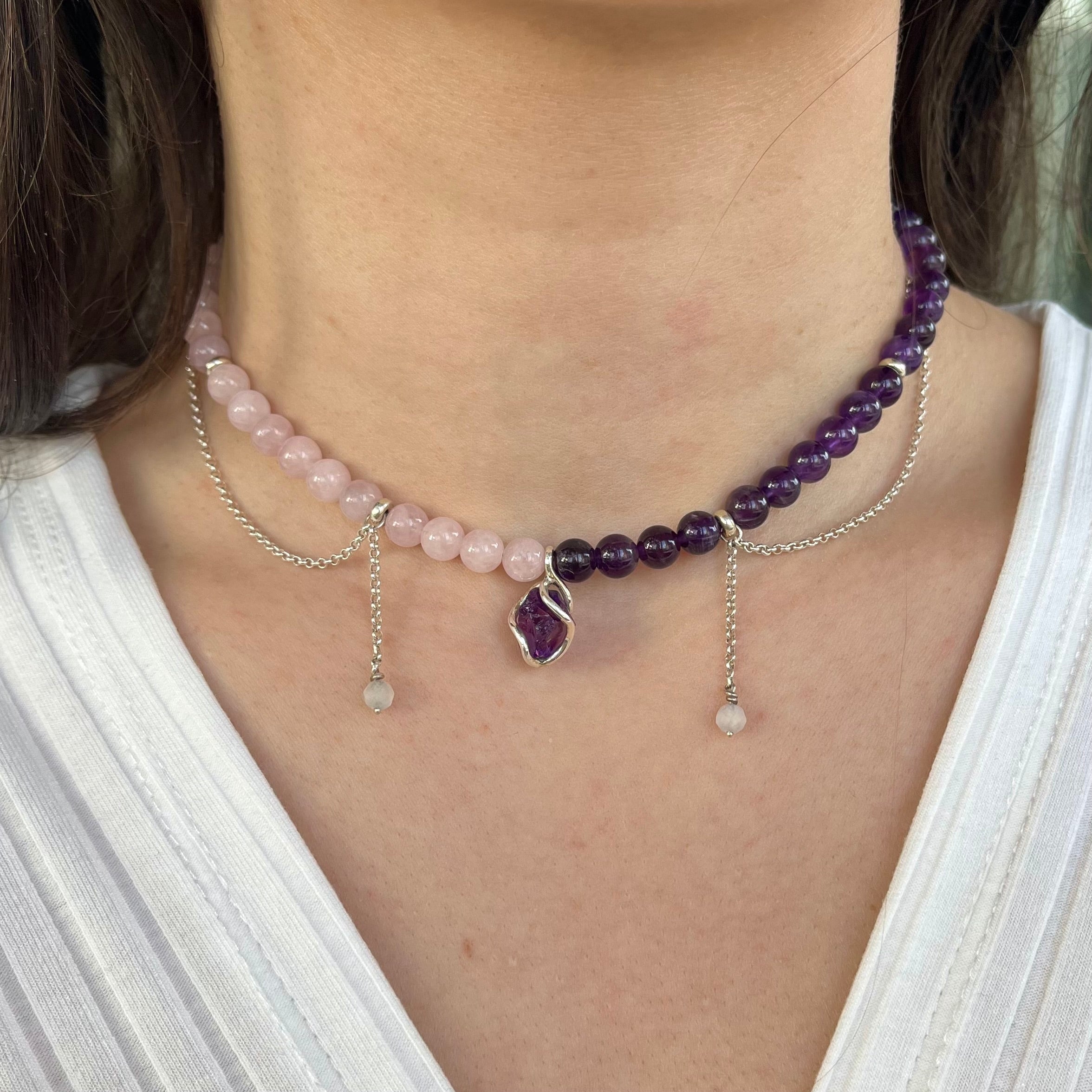 Collier mit Amethyst Anhänger, rosenquarz, Amethyst, mondstein