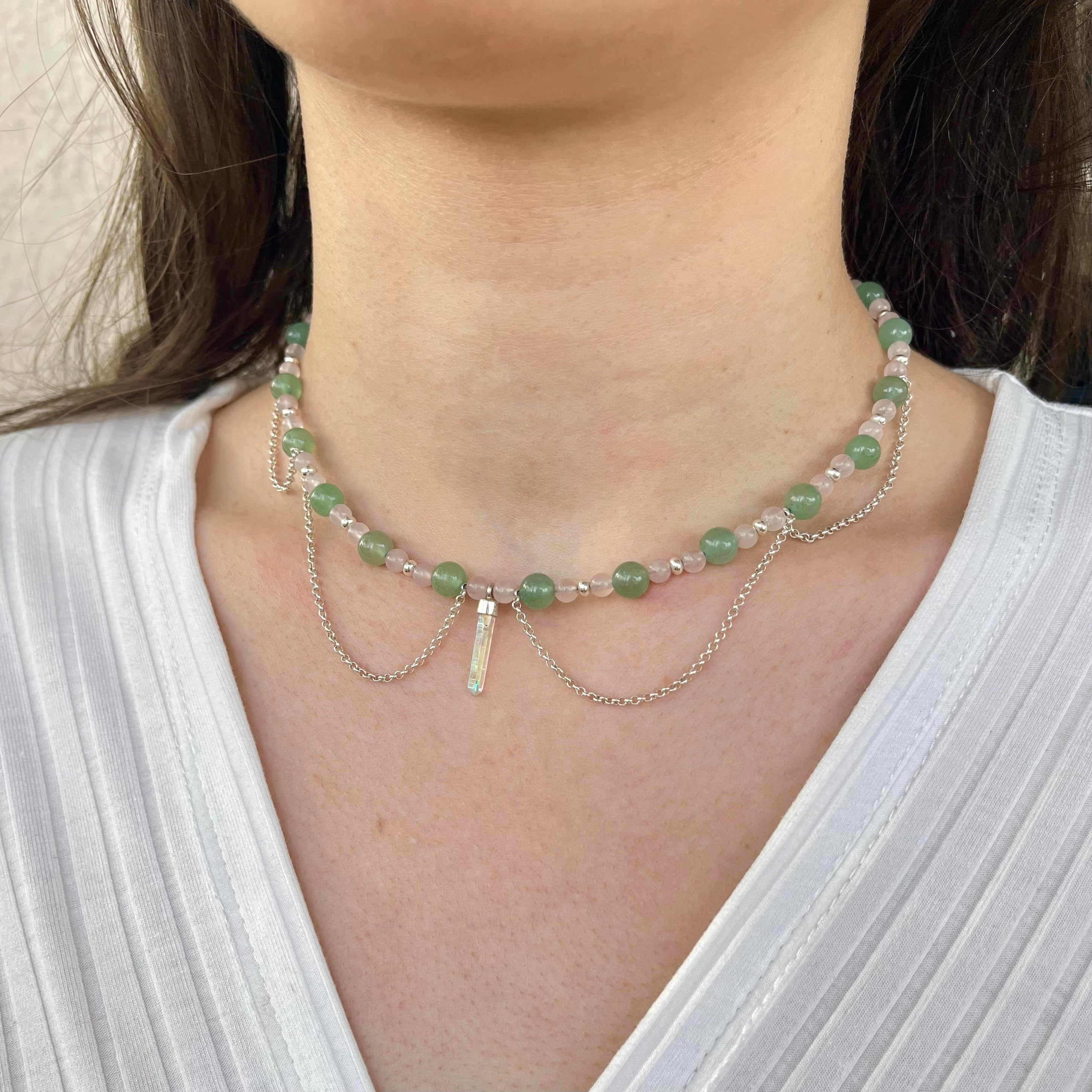 Collier mit Angel Aura Quarz Anhänger, Aventurin und rosenquarz