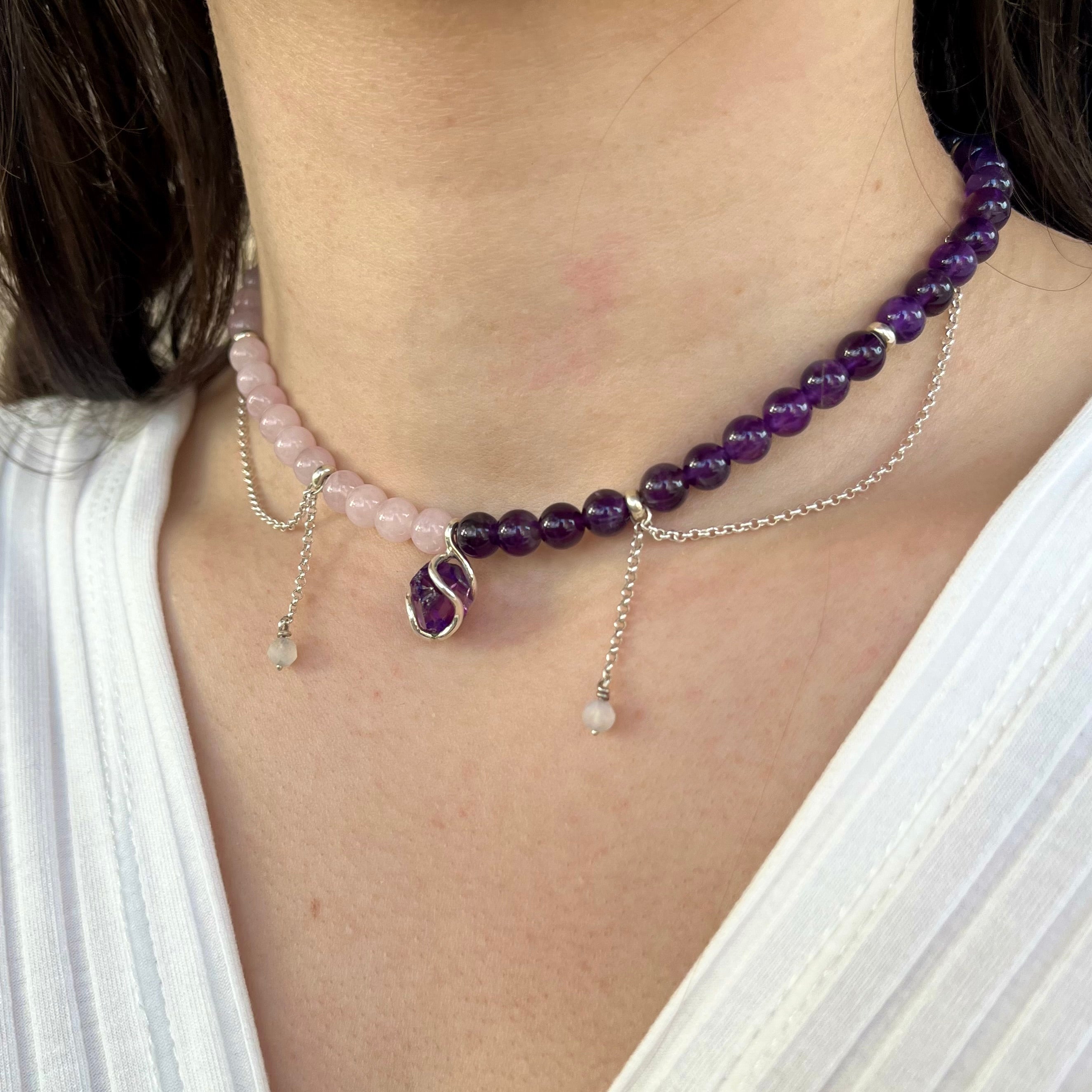 Collier mit Amethyst Anhänger, rosenquarz, Amethyst, mondstein