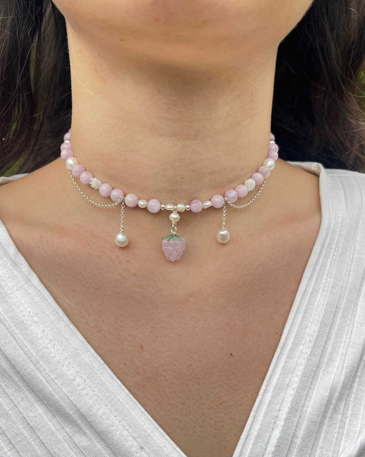 Collier mit Glas beere, Kunzit, süßwasser perlen