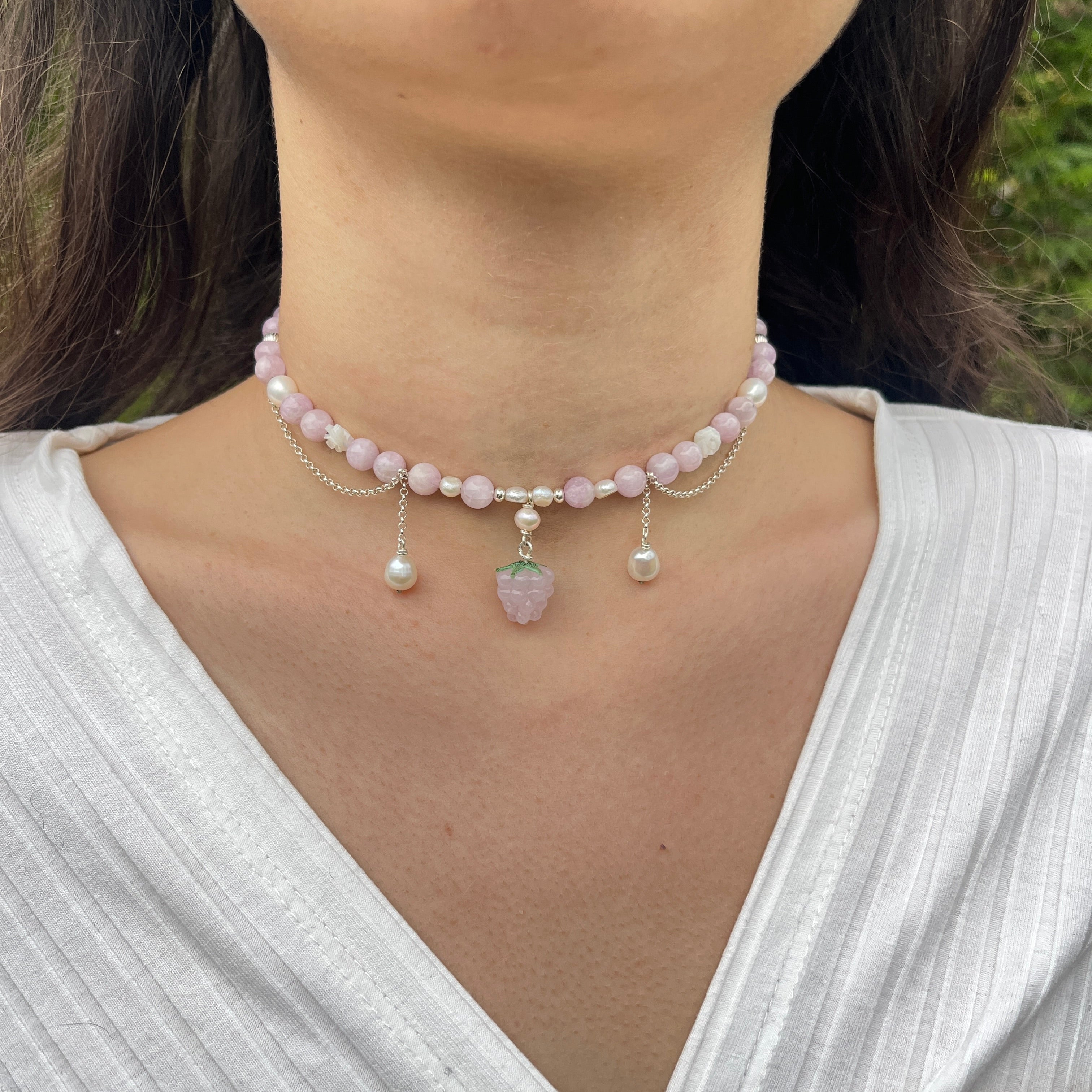 Collier mit Glas beere, Kunzit, süßwasser perlen