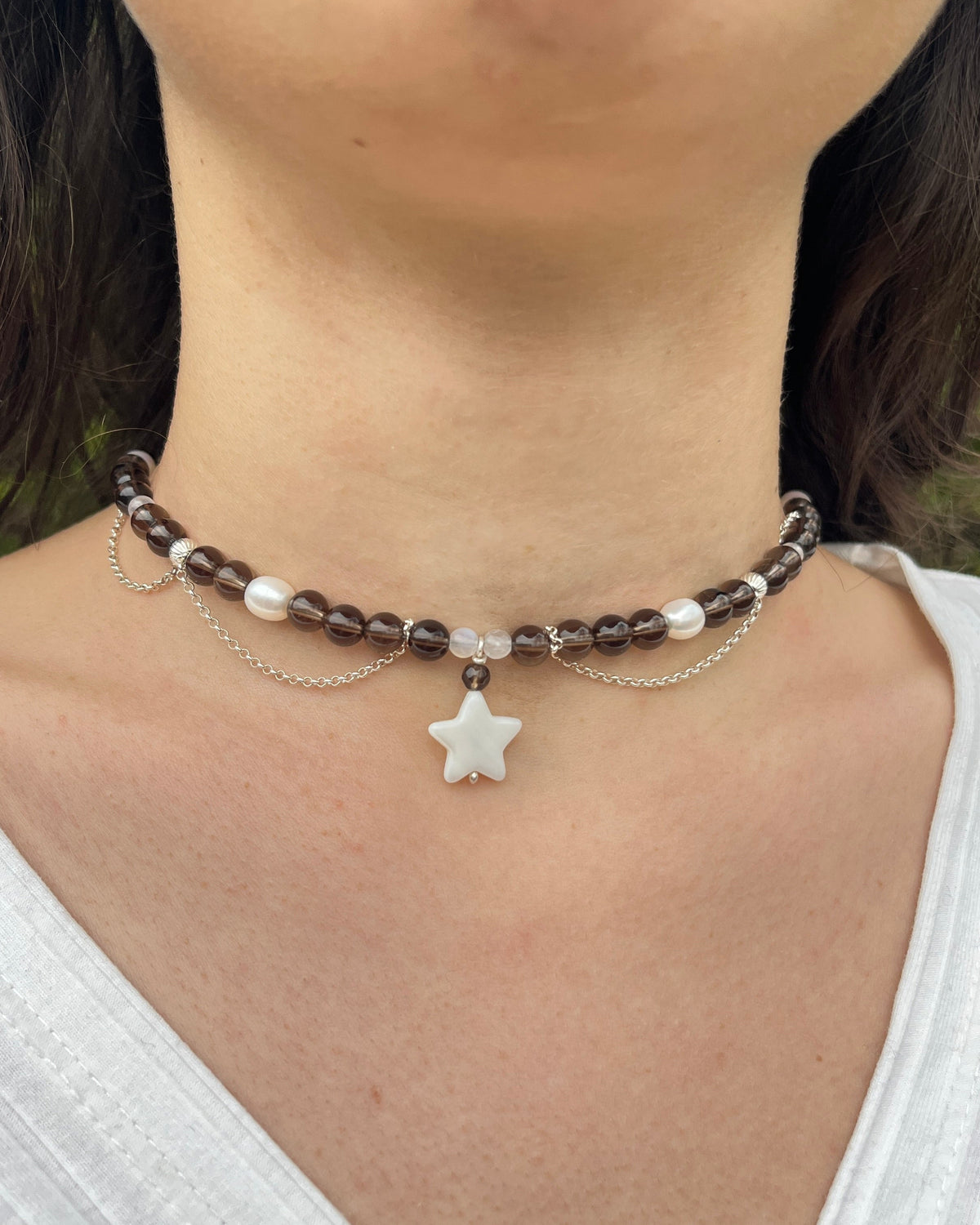 Collier mit Perlmutt stern, Rauchquarz, mondstein und süßwasser perlen