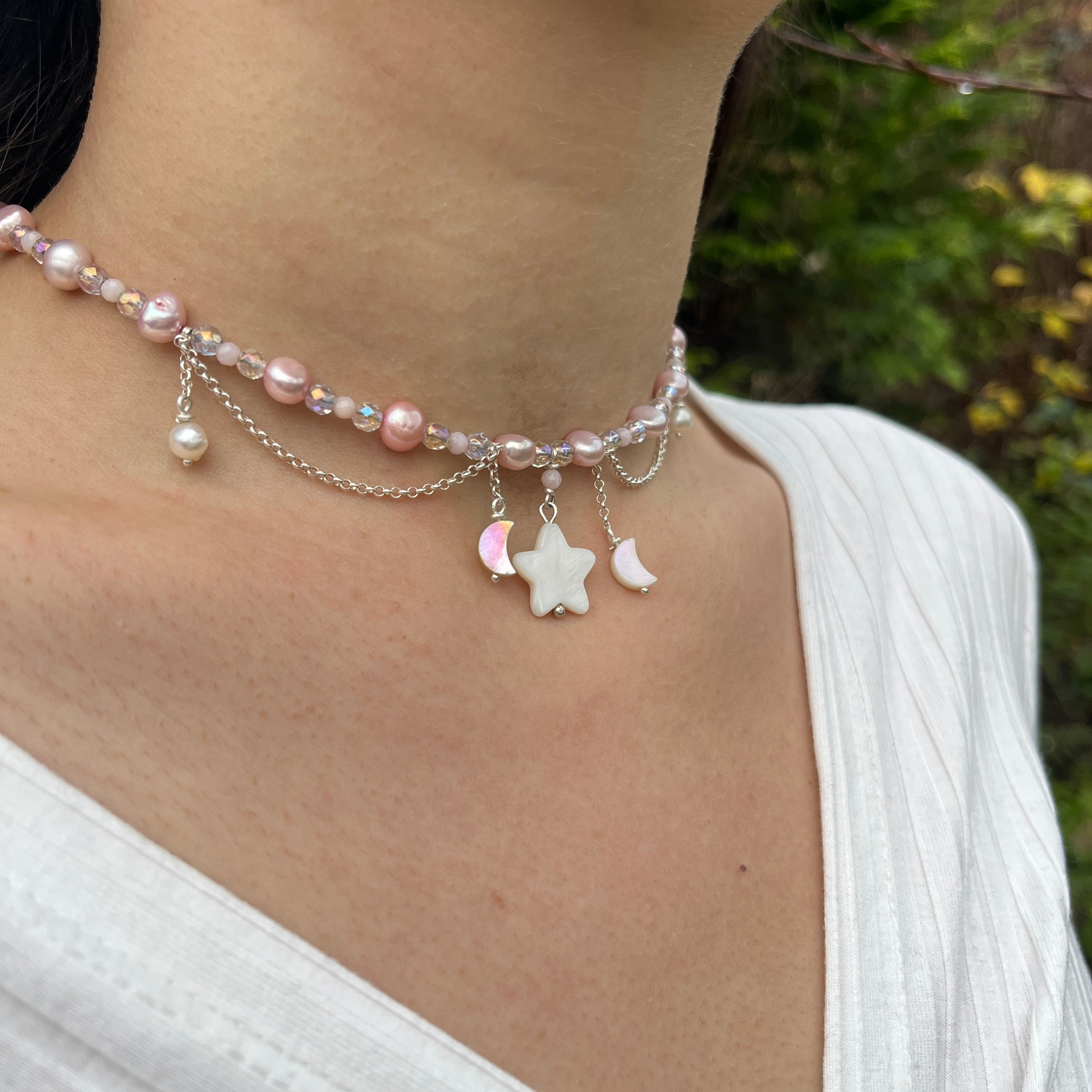 Collier mit Perlmuttstern, Angel Aura Quarz, rosa opal, süßwasser perlen