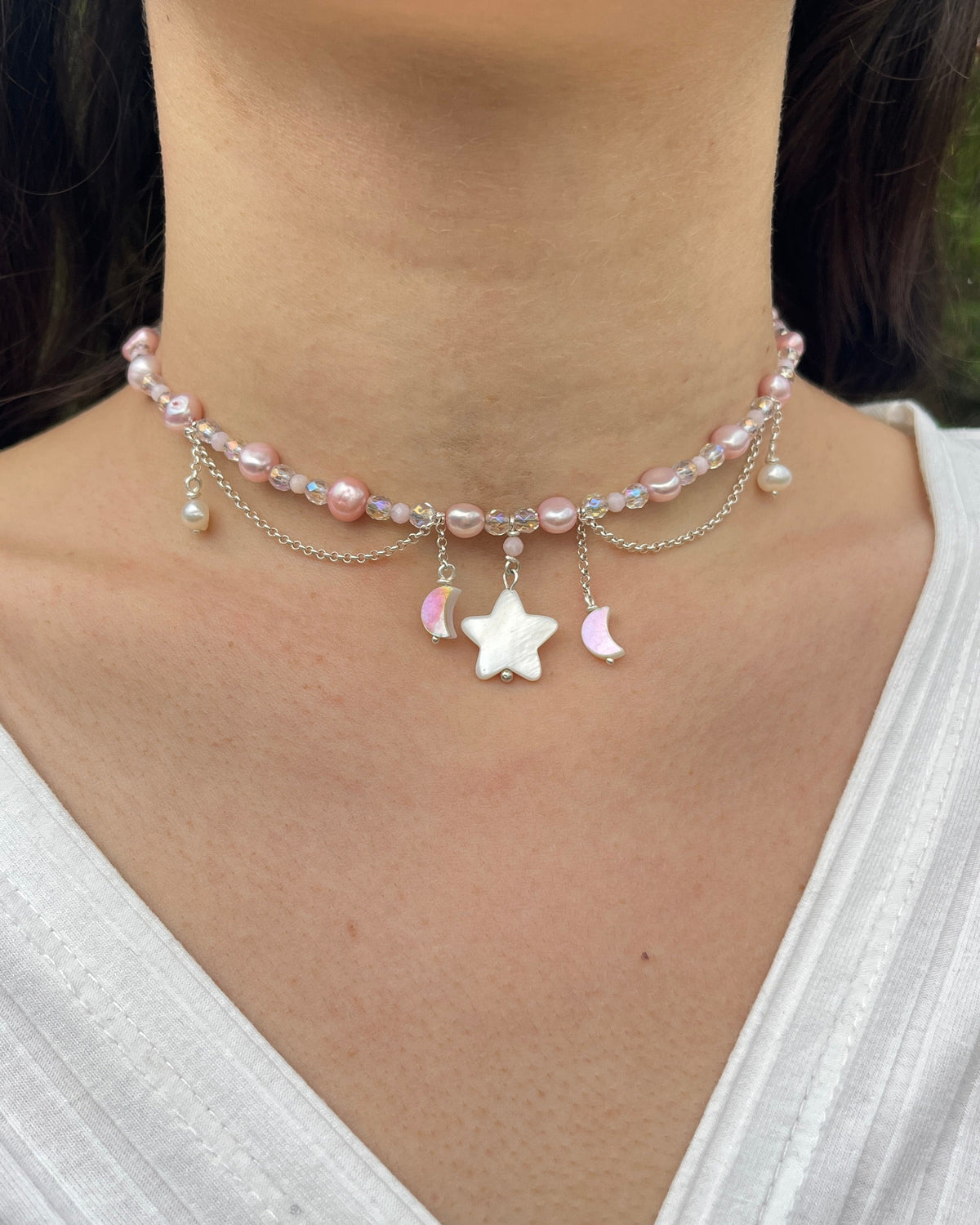Collier mit Perlmuttstern, Angel Aura Quarz, rosa opal, süßwasser perlen