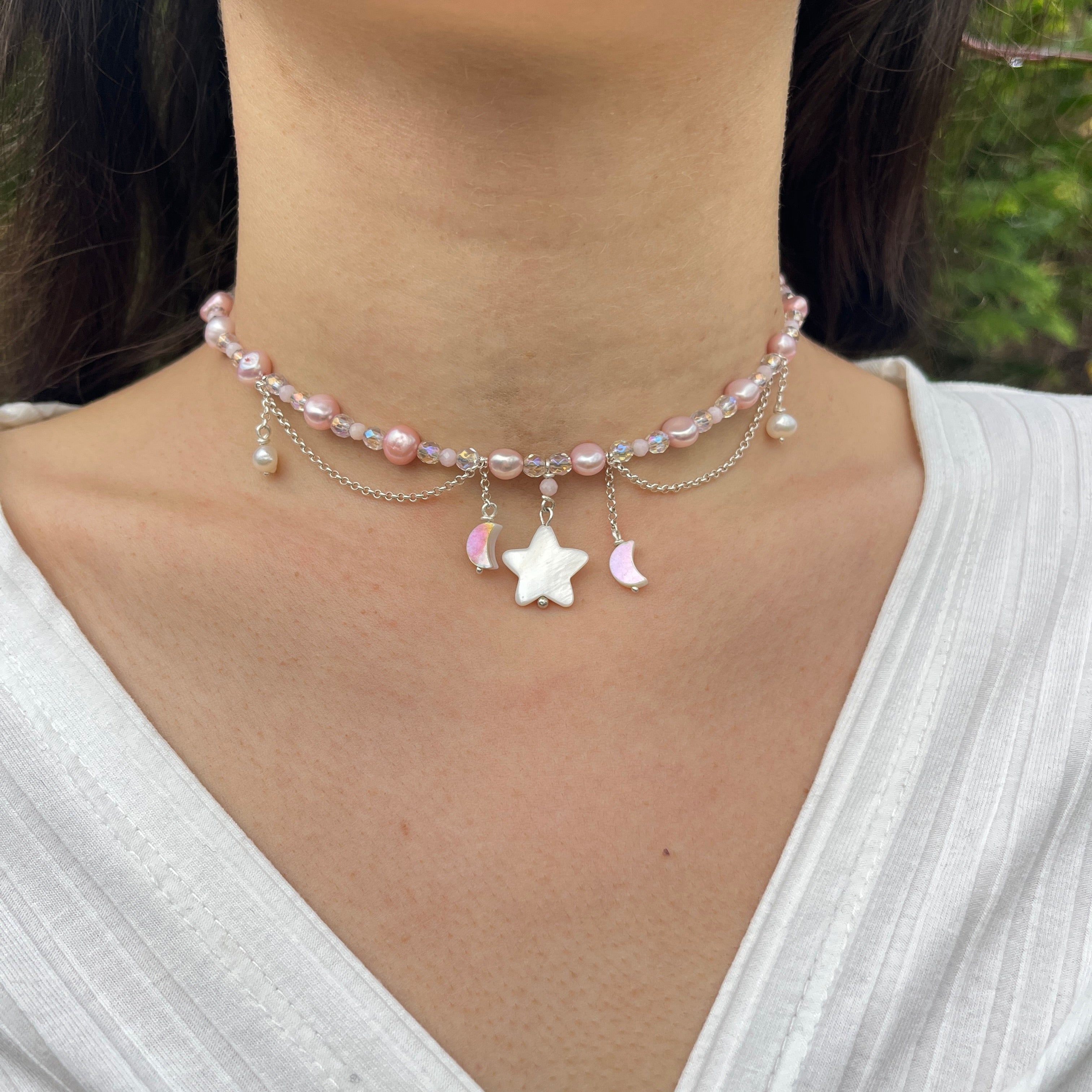 Collier mit Perlmuttstern, Angel Aura Quarz, rosa opal, süßwasser perlen