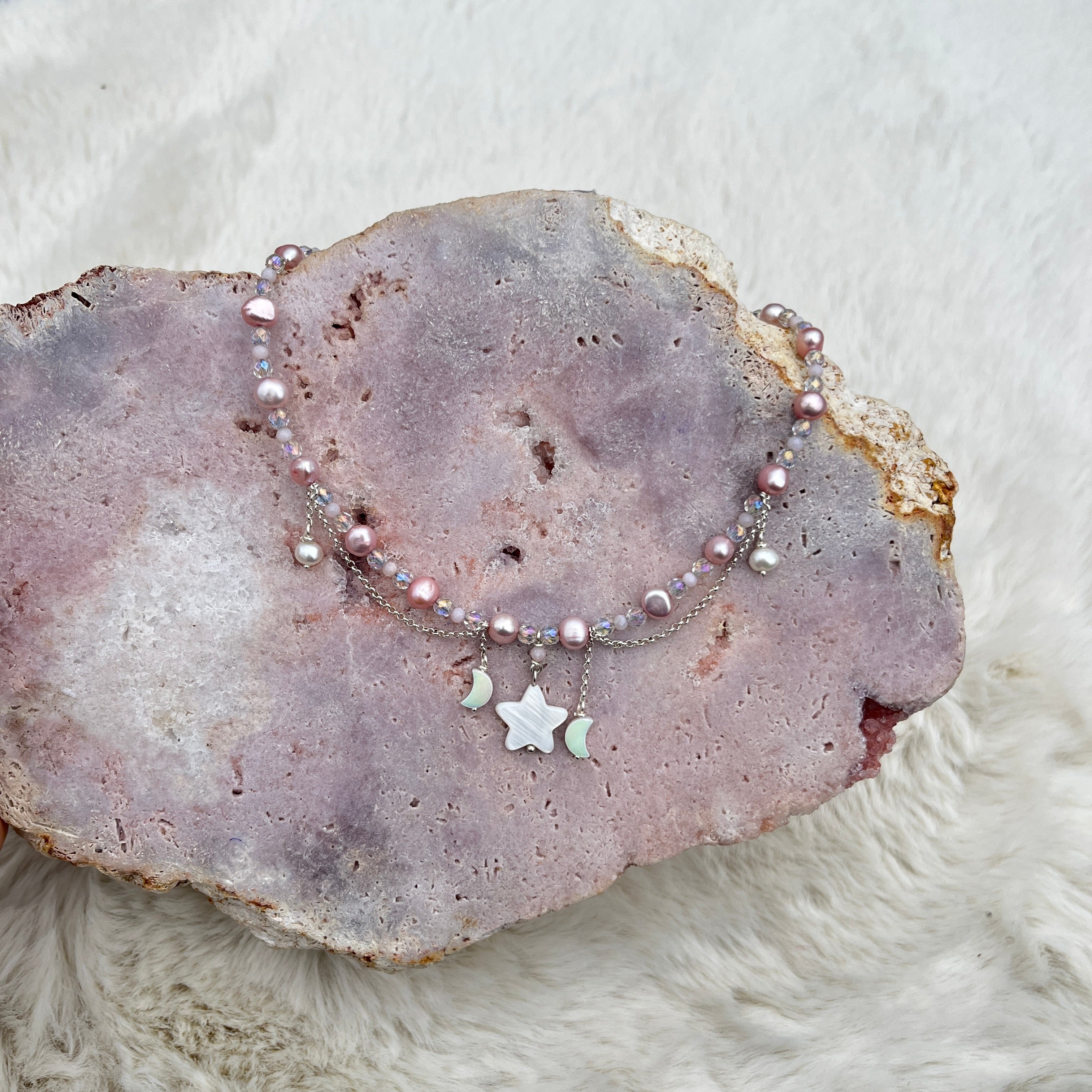 Collier mit Perlmuttstern, Angel Aura Quarz, rosa opal, süßwasser perlen