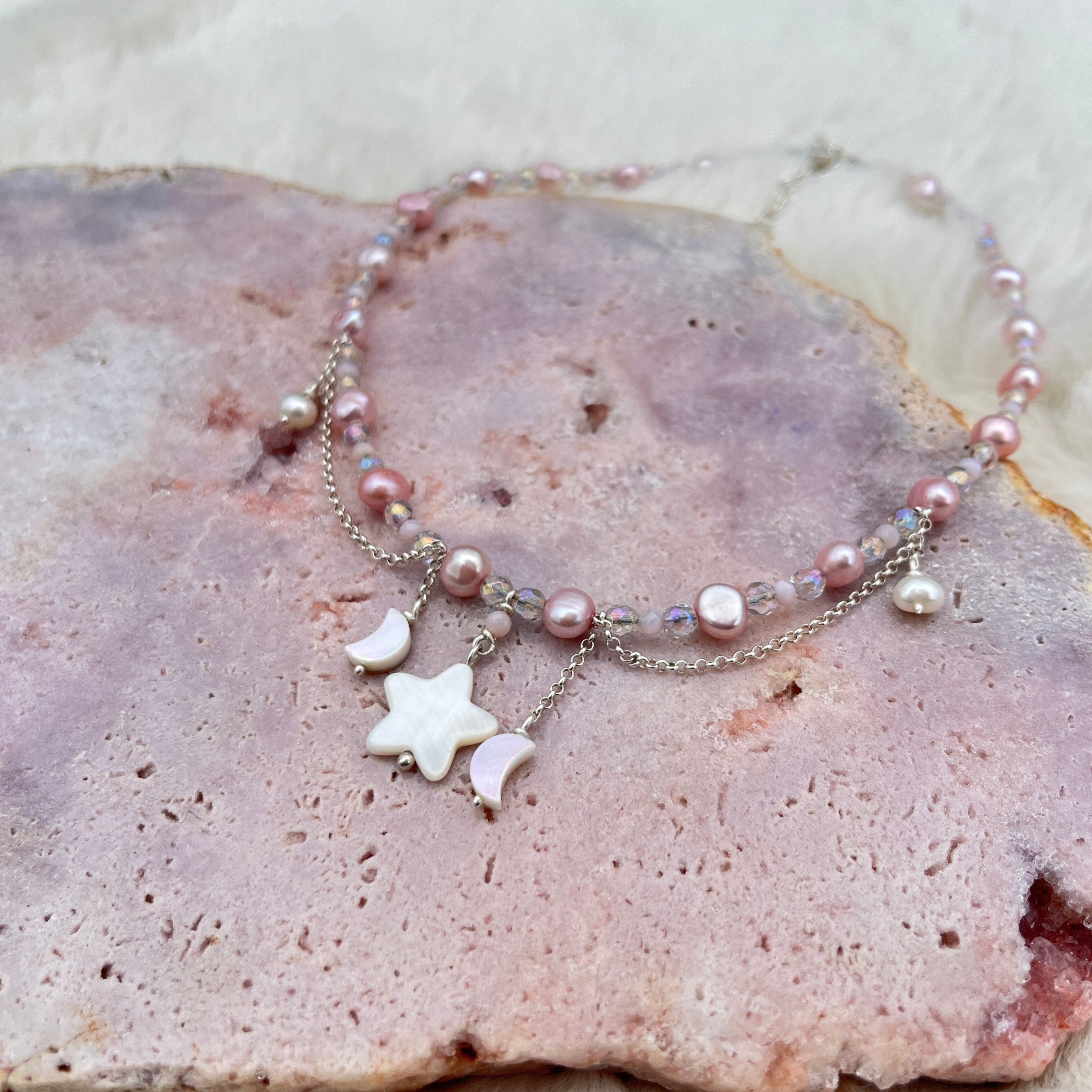 Collier mit Perlmuttstern, Angel Aura Quarz, rosa opal, süßwasser perlen